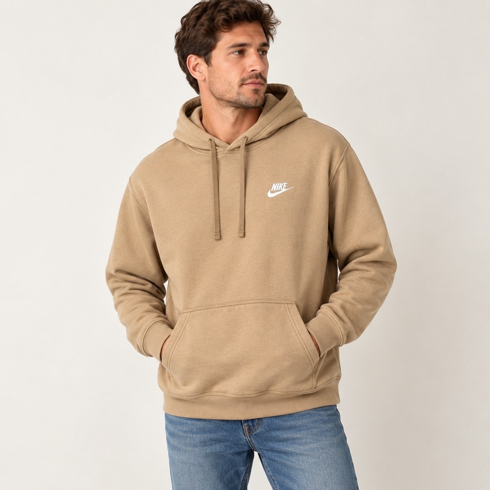 Nike Club Fleece Hoodie Mens Large Khaki Tan Pullover Sweatshirt Sportswear